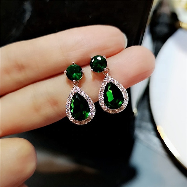 CZ Drop Earrings Green