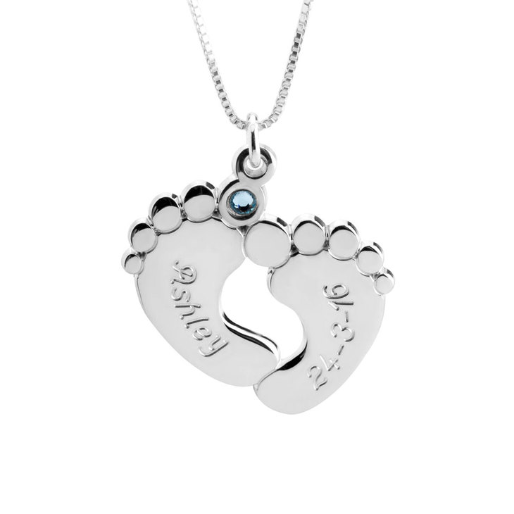 Engraved Baby feet with birthstone sterling silver
