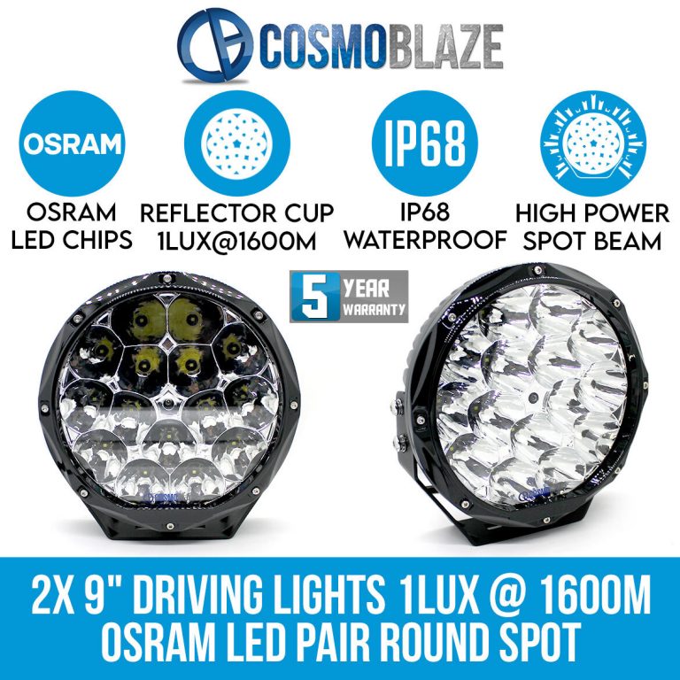 Cosmoblaze 9" Driving Lights Genuine Osram LED Pair Round Spot 1LUX 1600M 4x4 Truck Off Road SUV IP68 Waterproof