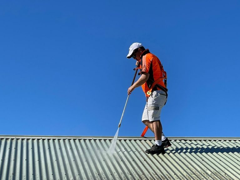 Carefully painting a roof by one of our team member 768x576