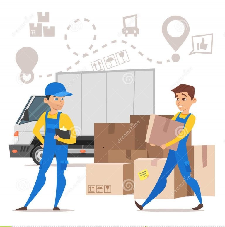 loaders movers man carrying cardboard boxes concept home moving vector cartoon style illustration paper truck 93697300 768x775