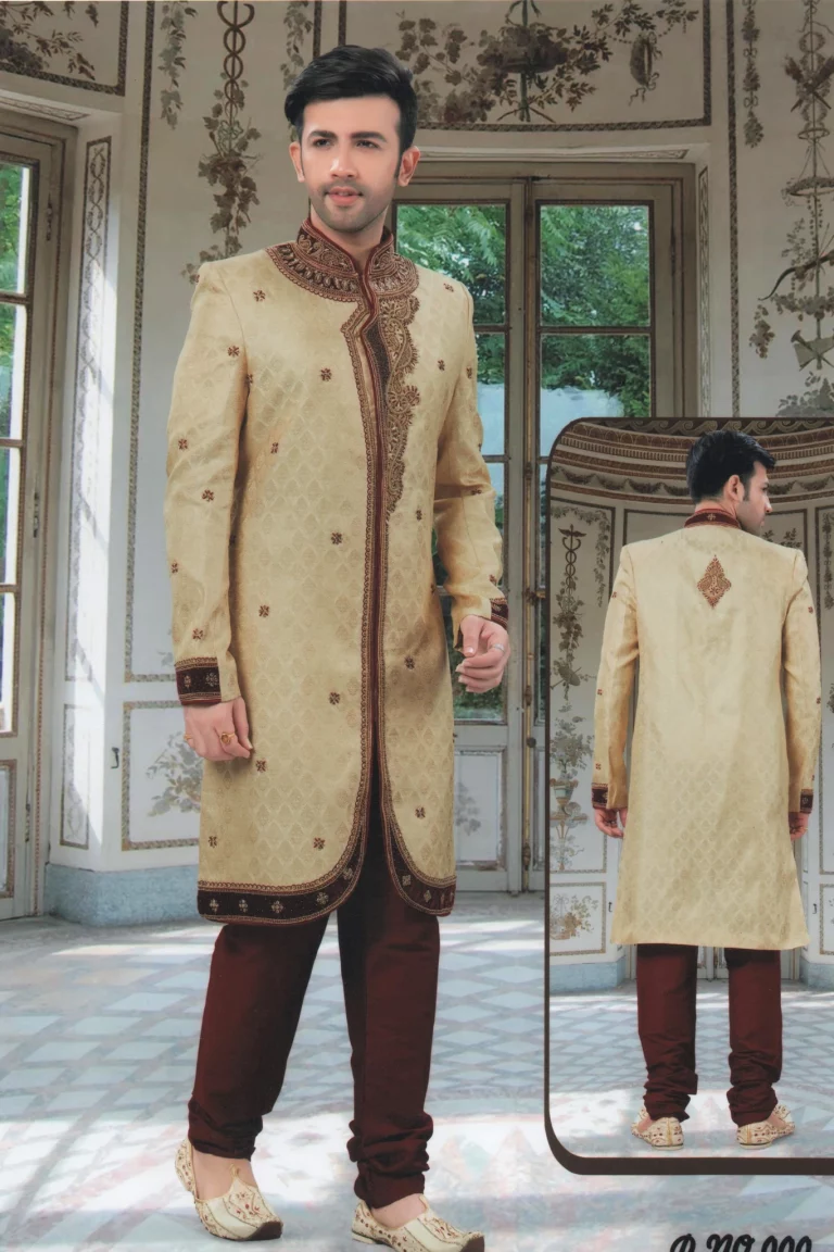 Banarasi Jamevaram Silk Sherwani in Light Gold HC 768x1152
