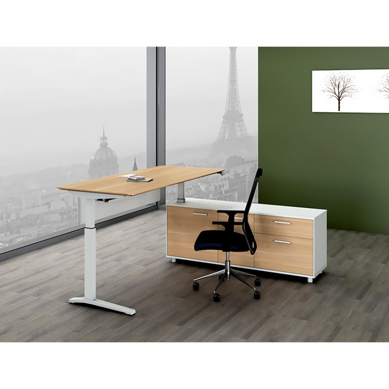 Deluxe Executive Electric Height Adjustable Desk with Right Hand Attached Storage Cupboard. Sublime Oak and White 768x768