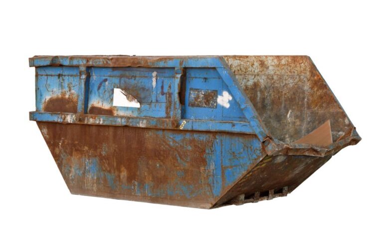 Old empty Industrial Waste Bin dumpster for municipal waste or industrial waste Isolated on white background 768x457