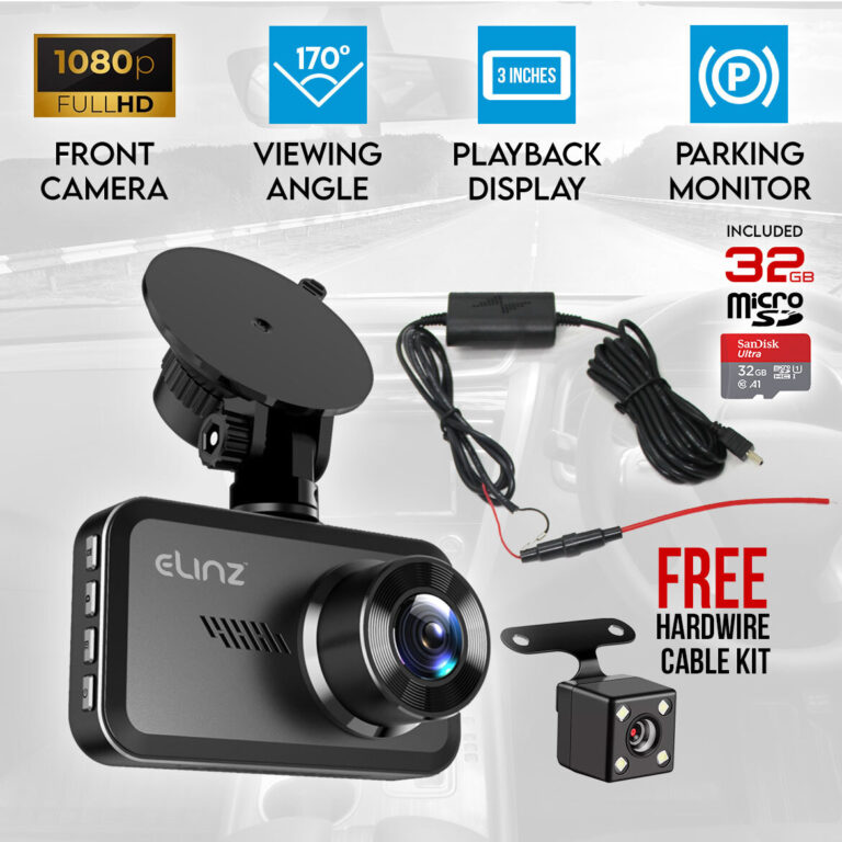 Elinz Car Dash Camera 3" HD 1080P FHD DVR Recorder Front and Rear Dual Cam Free Hardwire Kit 32GB