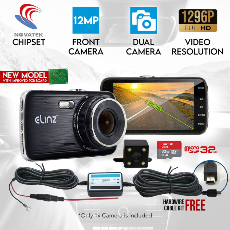Elinz Dash Cam Dual Camera Reversing Recorder Car DVR Video FHD 1296P 4" LCD Hardwire Kit 32GB