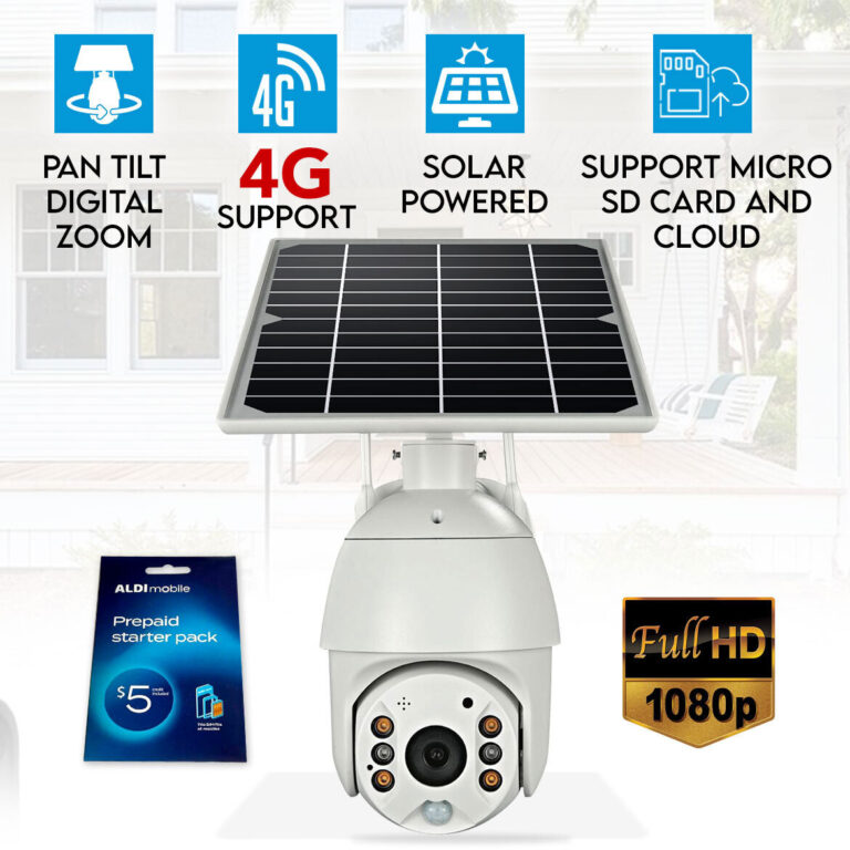 Elinz Wireless Solar Security 4G IP 1080P PTZ Camera CCTV Waterproof Built-in Battery ALDI Sim
