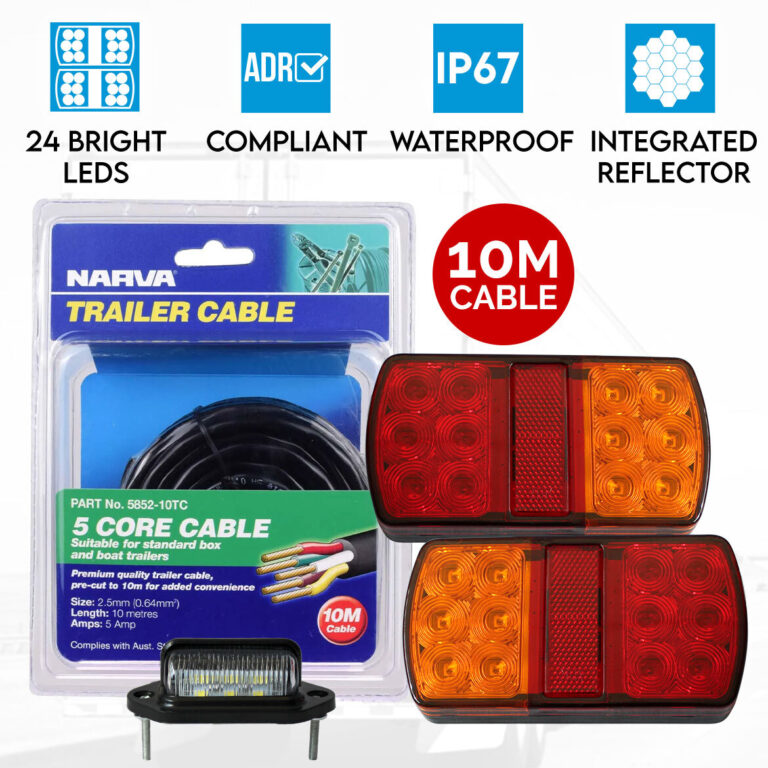 2x LED Tail Lights Stop Turn Indicator Number Plate Light 12V Trailer Caravan 10M Narva 5 Core Trailer Cable