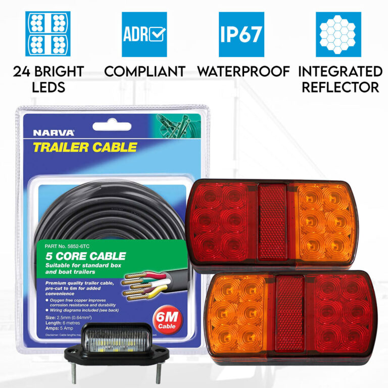 2x LED Tail Lights Stop Turn Indicator Number Plate Light 12V Trailer Caravan 6M Narva 5 Core Trailer Cable