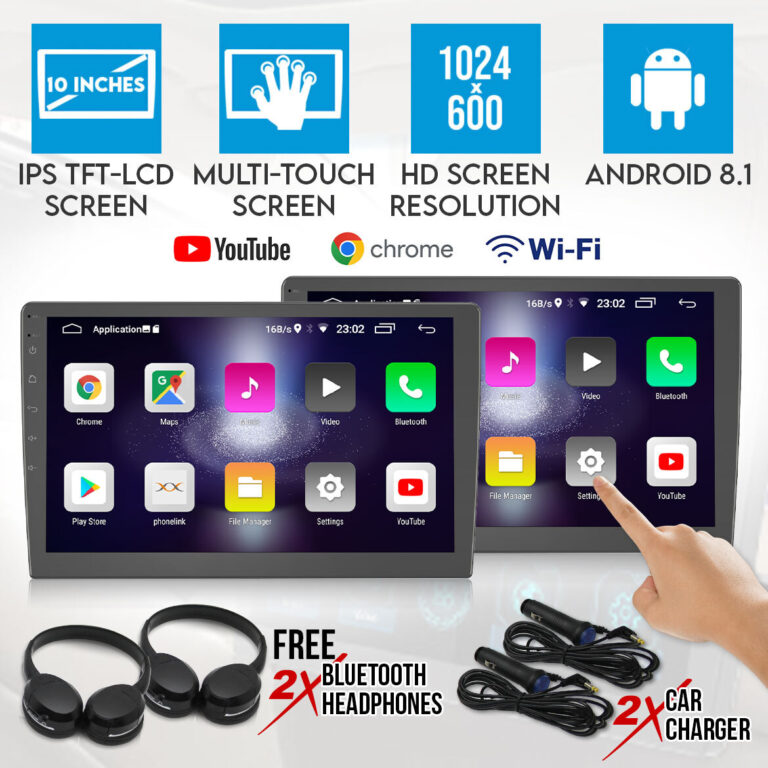 Elinz 2x 10.1" Android Active Car Headrest Monitor 1080P HD WiFi Touch Screen Digital Airplay Miracast No DVD Player