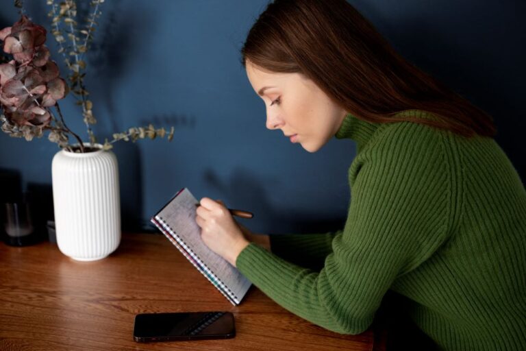 woman writing something notebook her smartphone 768x512